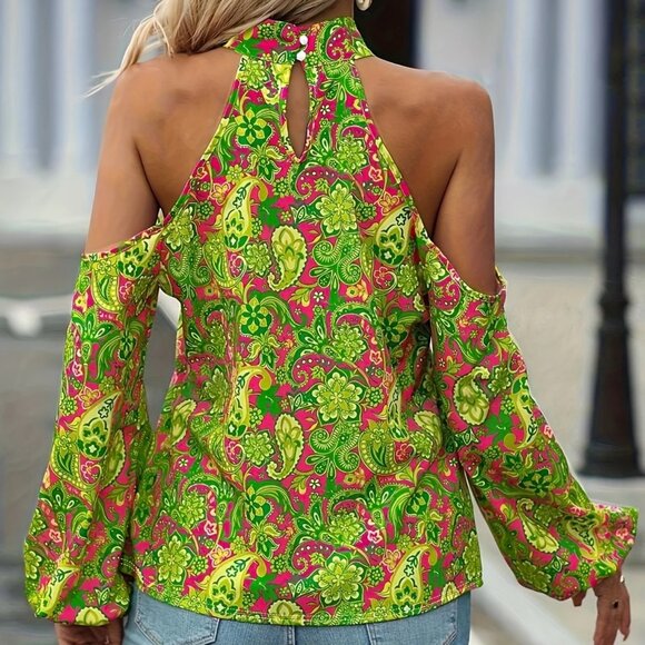 Green Pink Paisley Off The Shoulder Halter Blouse Top - Picture 2 of 7